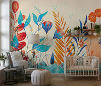 A peaceful flower design mural on decorative wallpaper.
