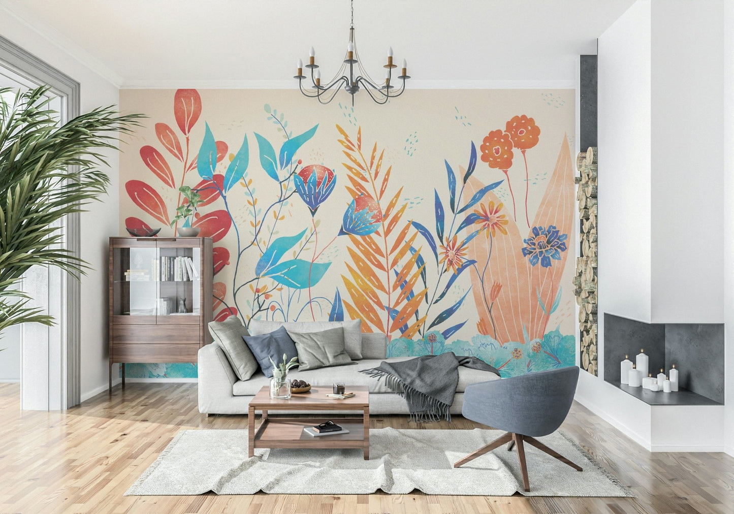 A calming floral design wallpaper mural that defines a space.
