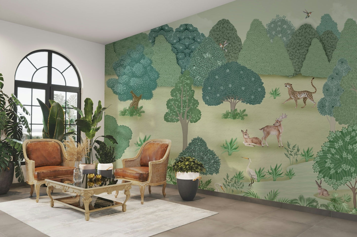 The design features a repeating pattern of soft, elegant animal shapes.

