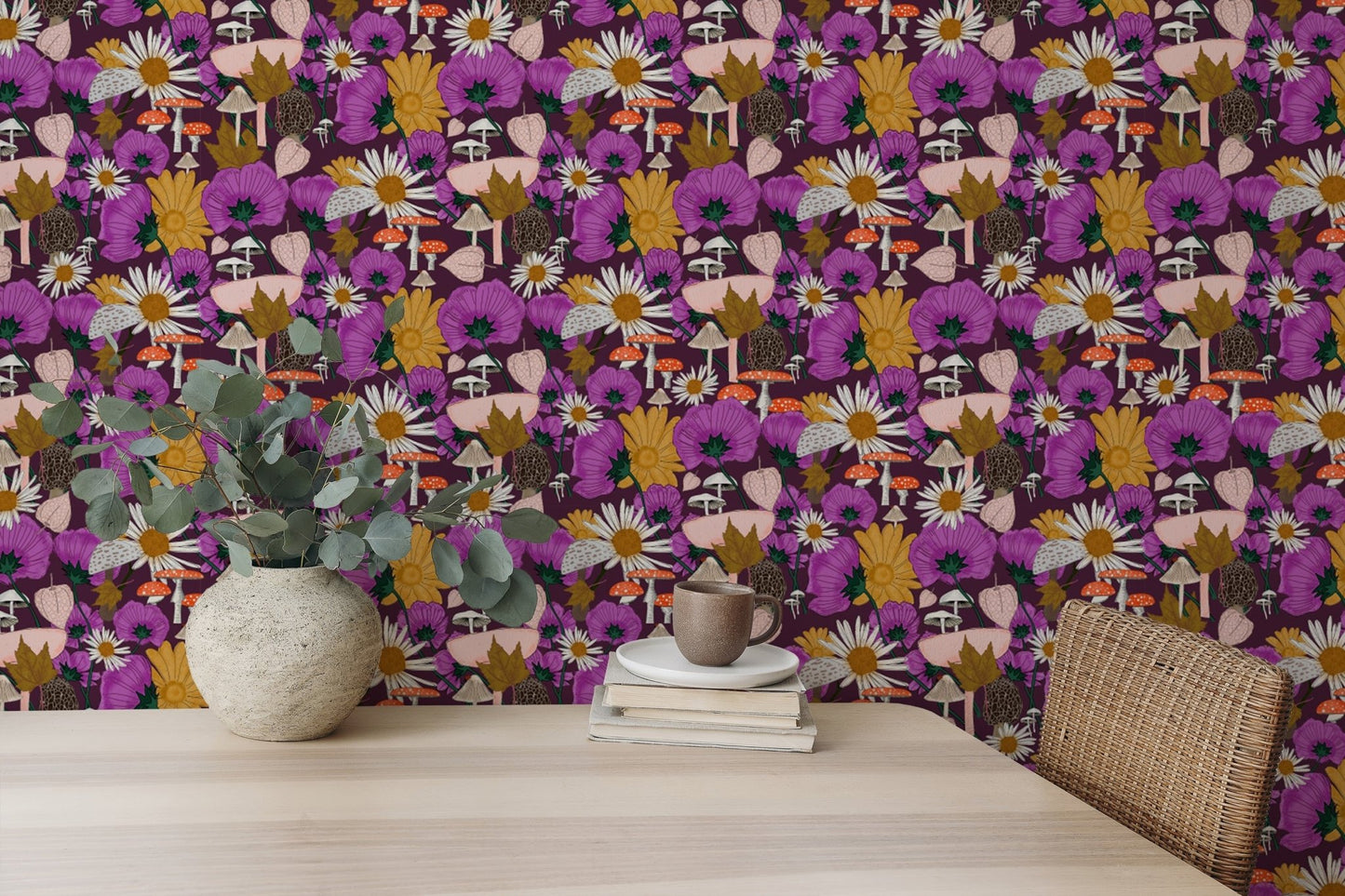 Wild Flowers and Mushrooms Purple Wallpaper