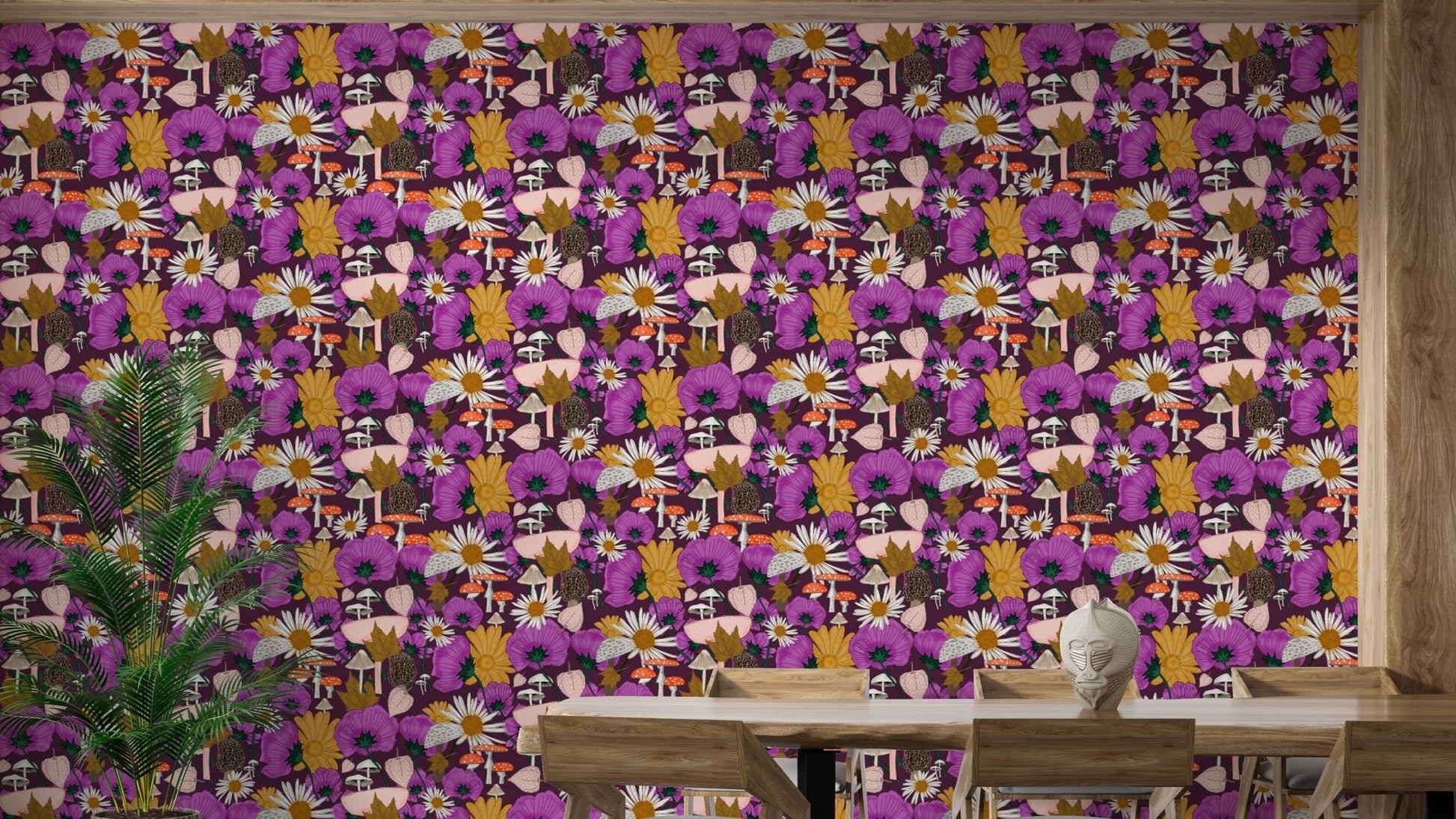 Whimsical Wild Flowers and Mushrooms Purple Wallpaper