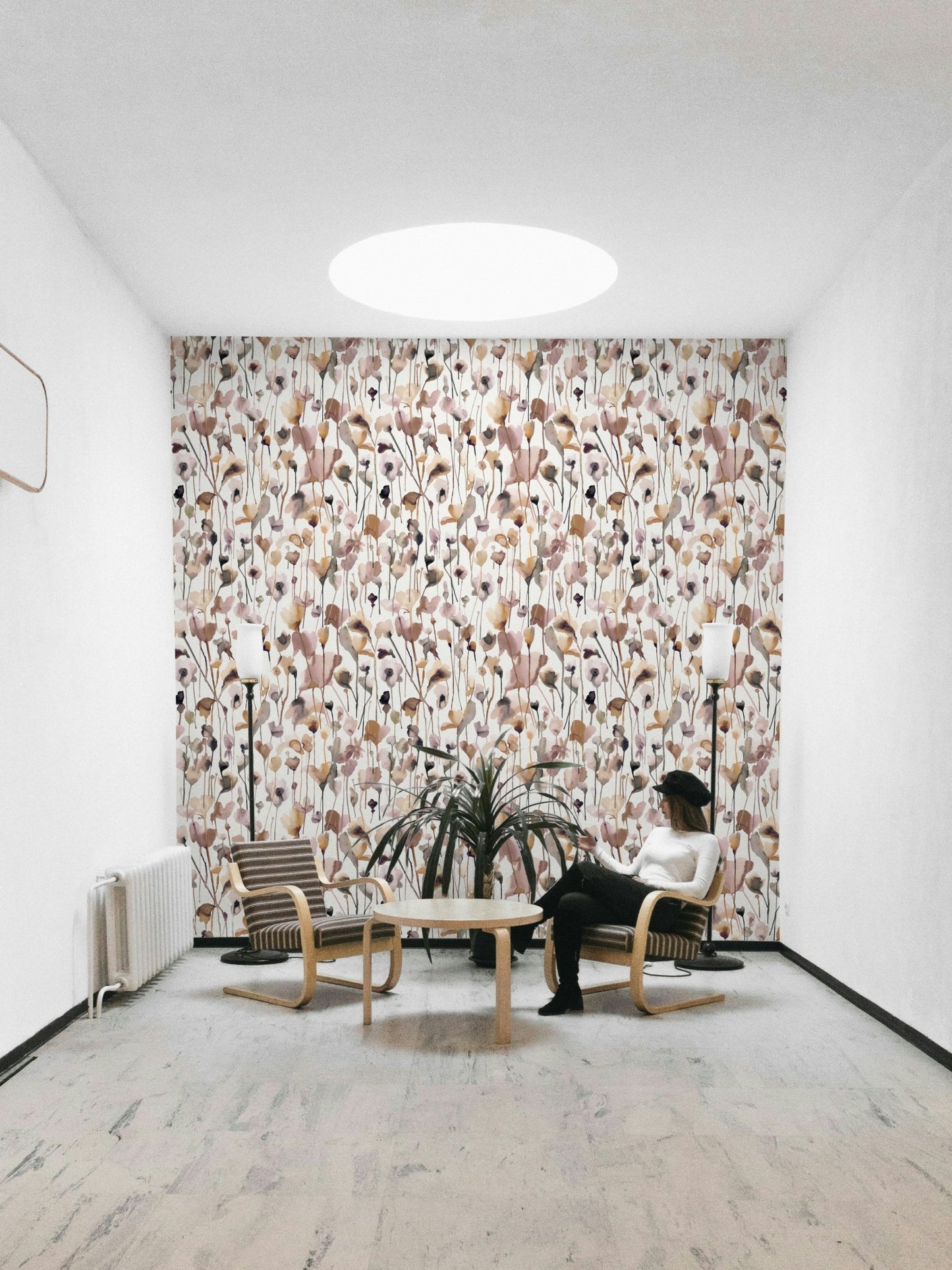 Natural beige wallpaper featuring wildflower art.

