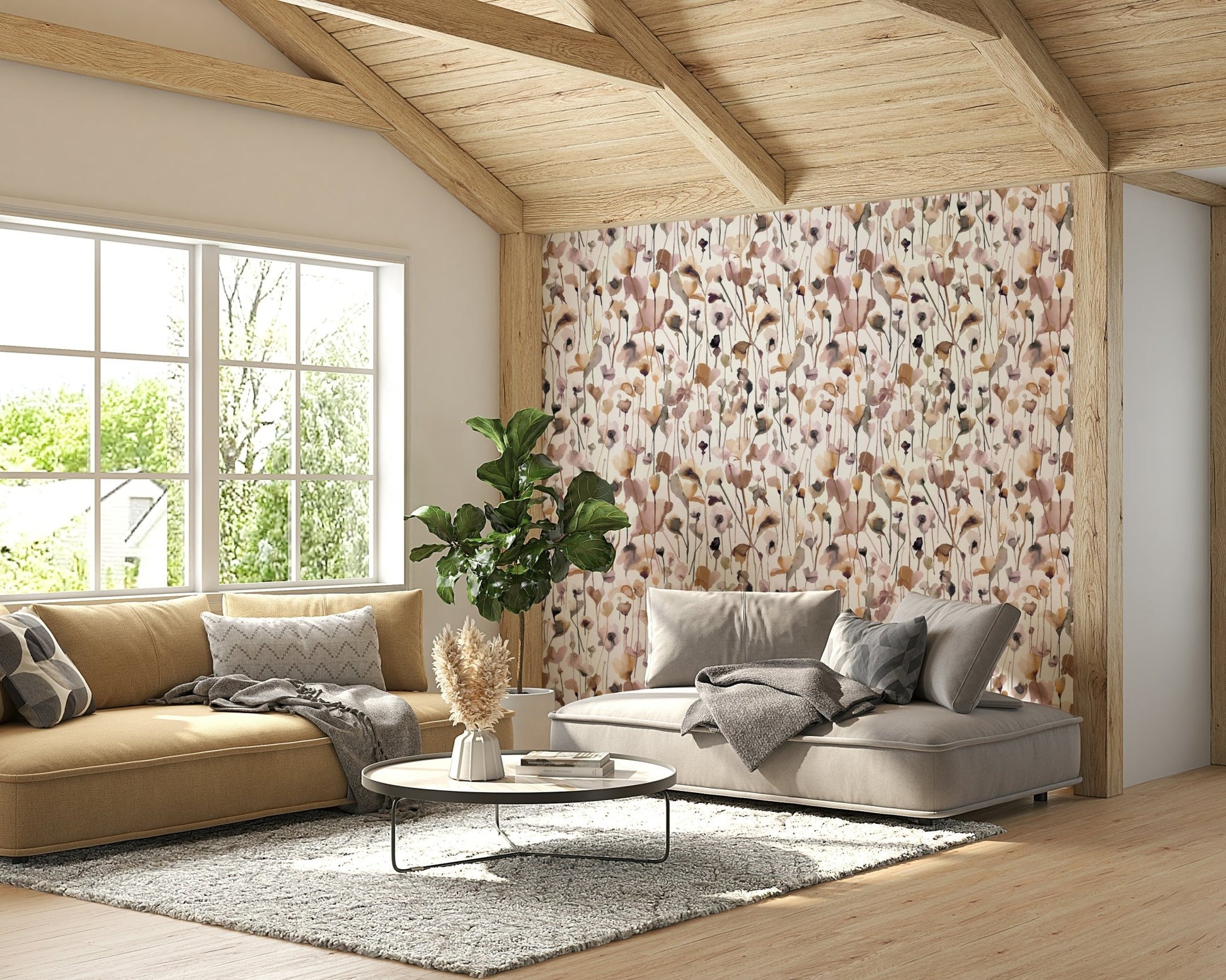 Beige wallpaper with delicate wildflower watercolor art.

