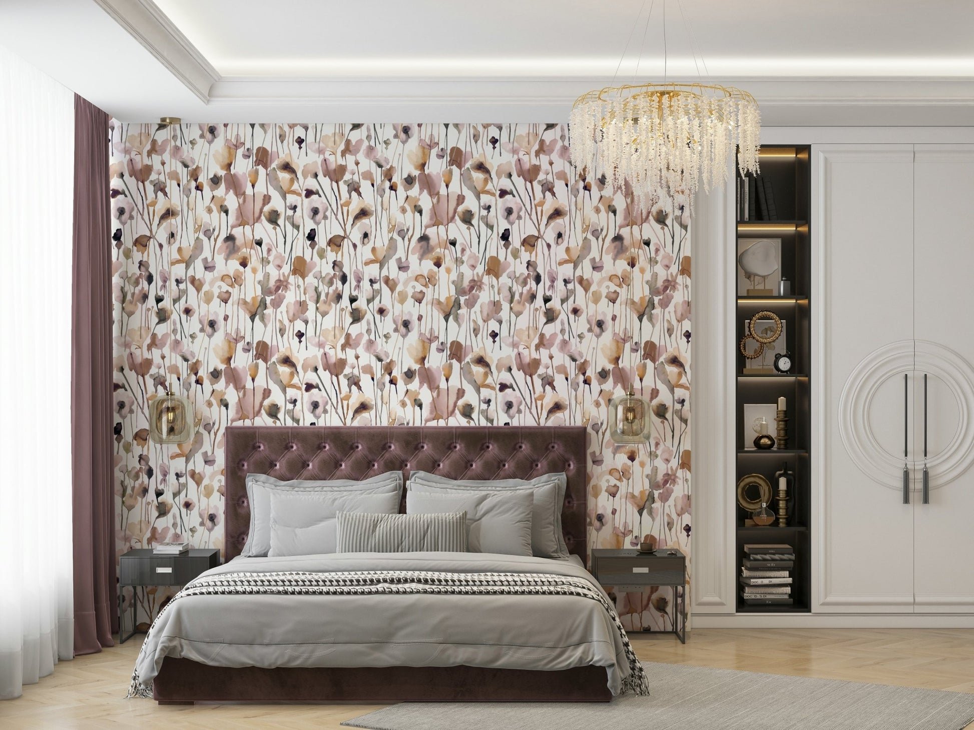 Watercolor wildflowers in soft beige wallpaper design.

