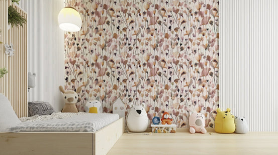 Soft beige watercolor wallpaper with wildflower design., GD1571
