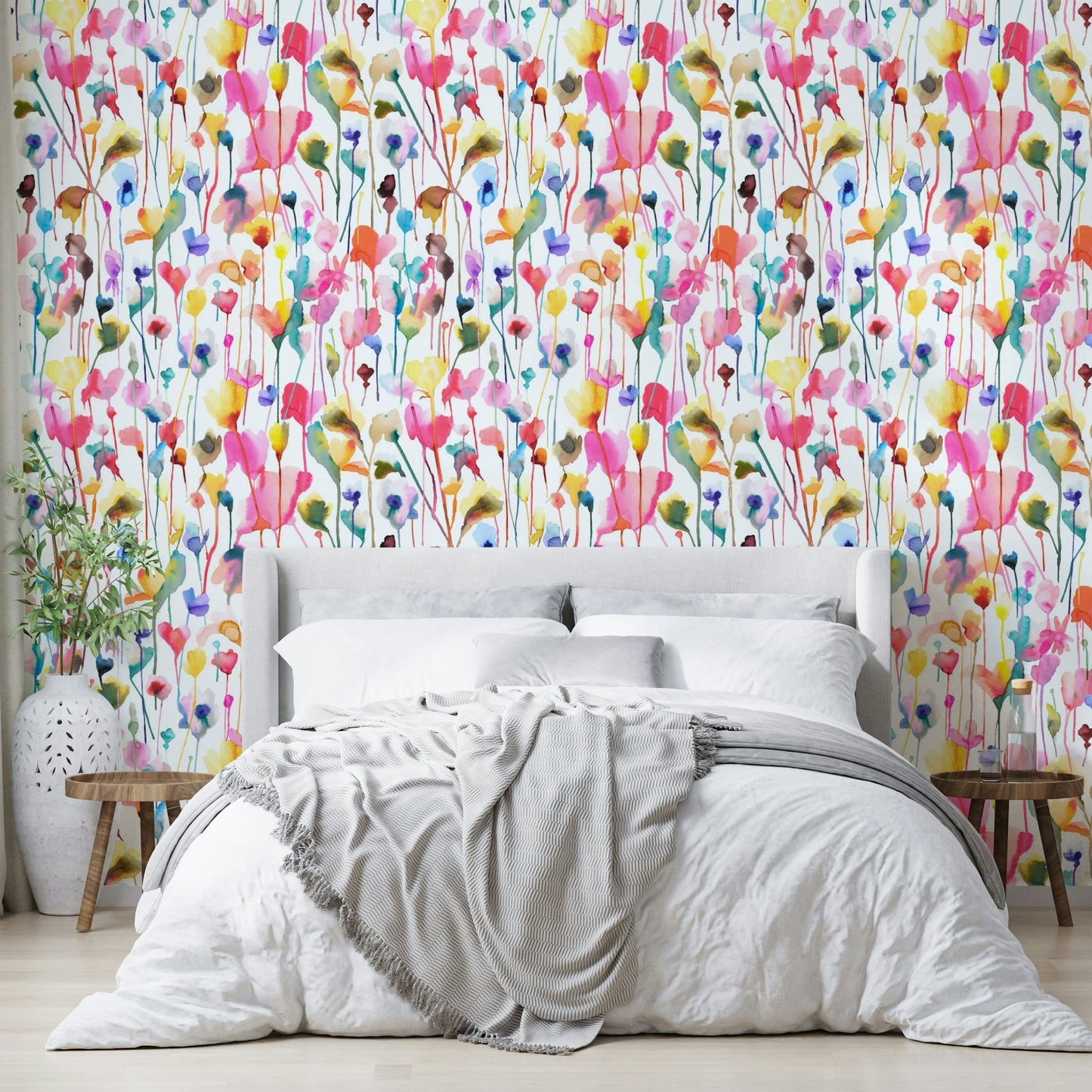 Watercolor wildflower pink wallpaper for home decor

