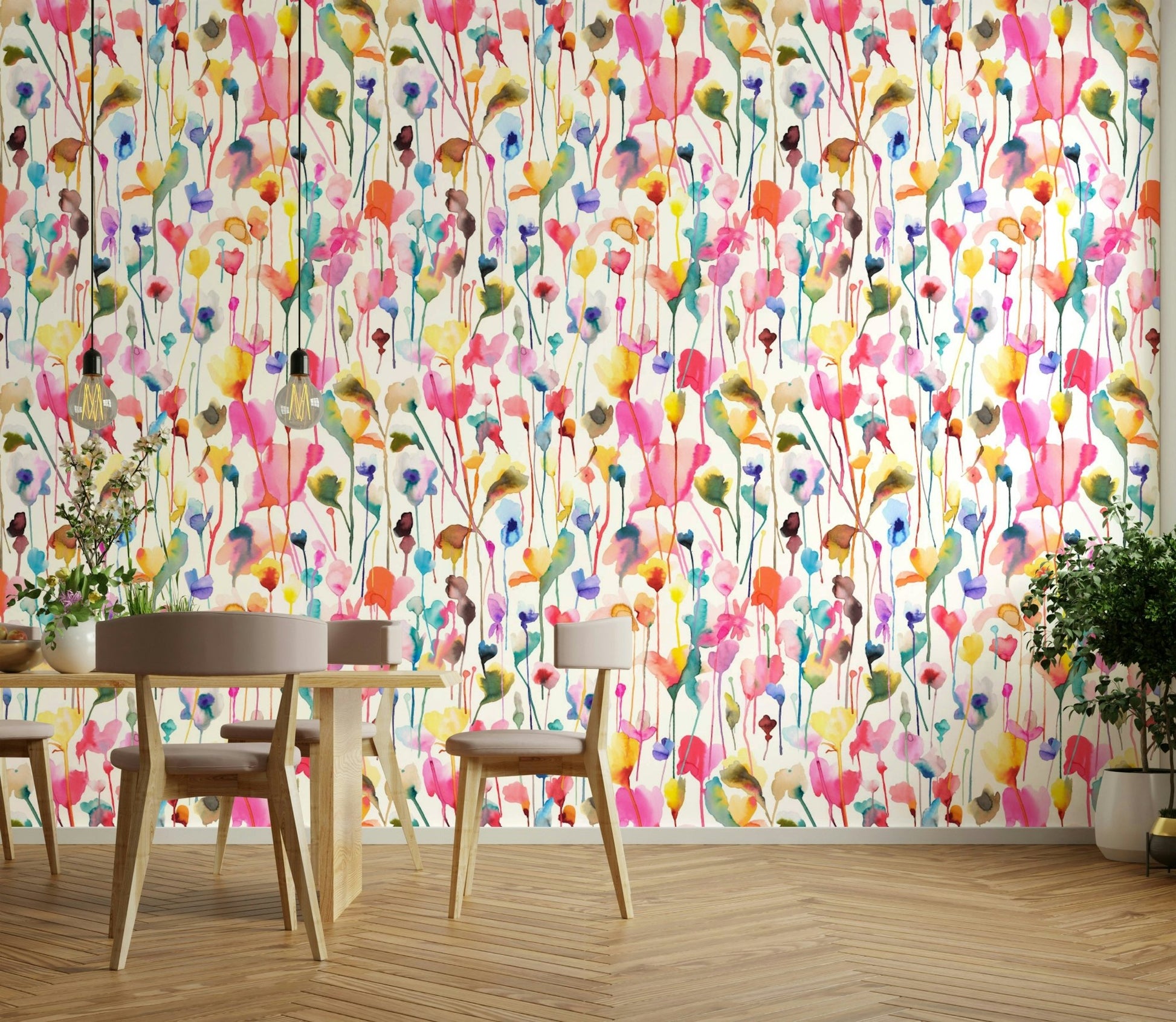 Dreamy pink wildflower watercolor wall art wallpaper

