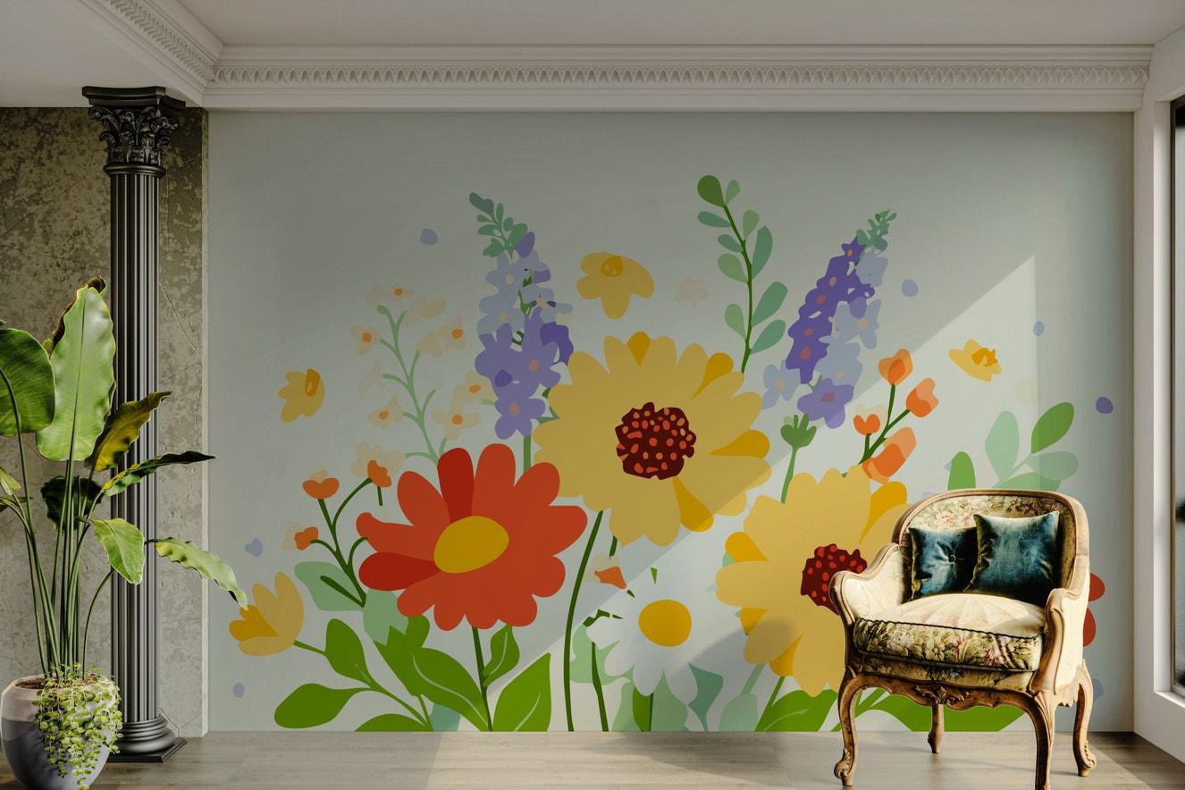 A peaceful wall mural with a wild floral design.

