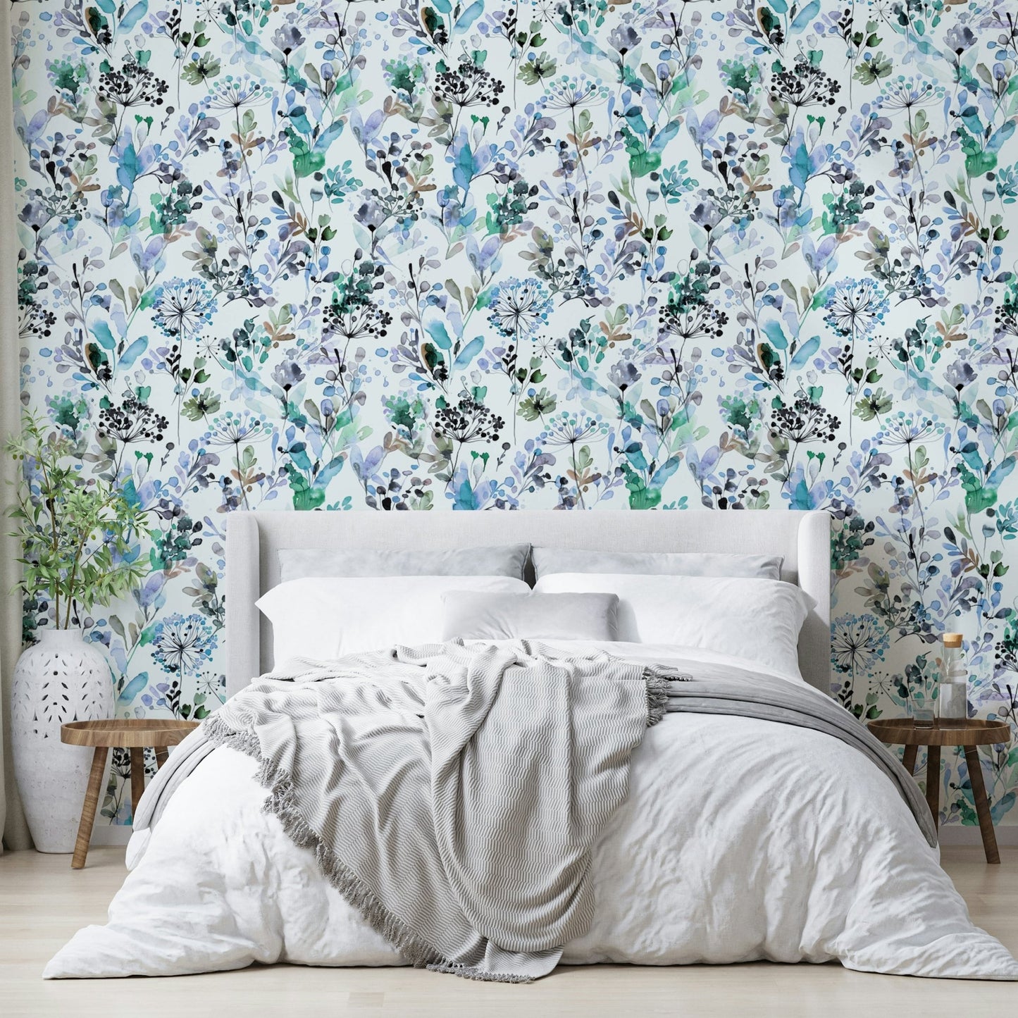 Serene blue wallpaper with nature-inspired design.

