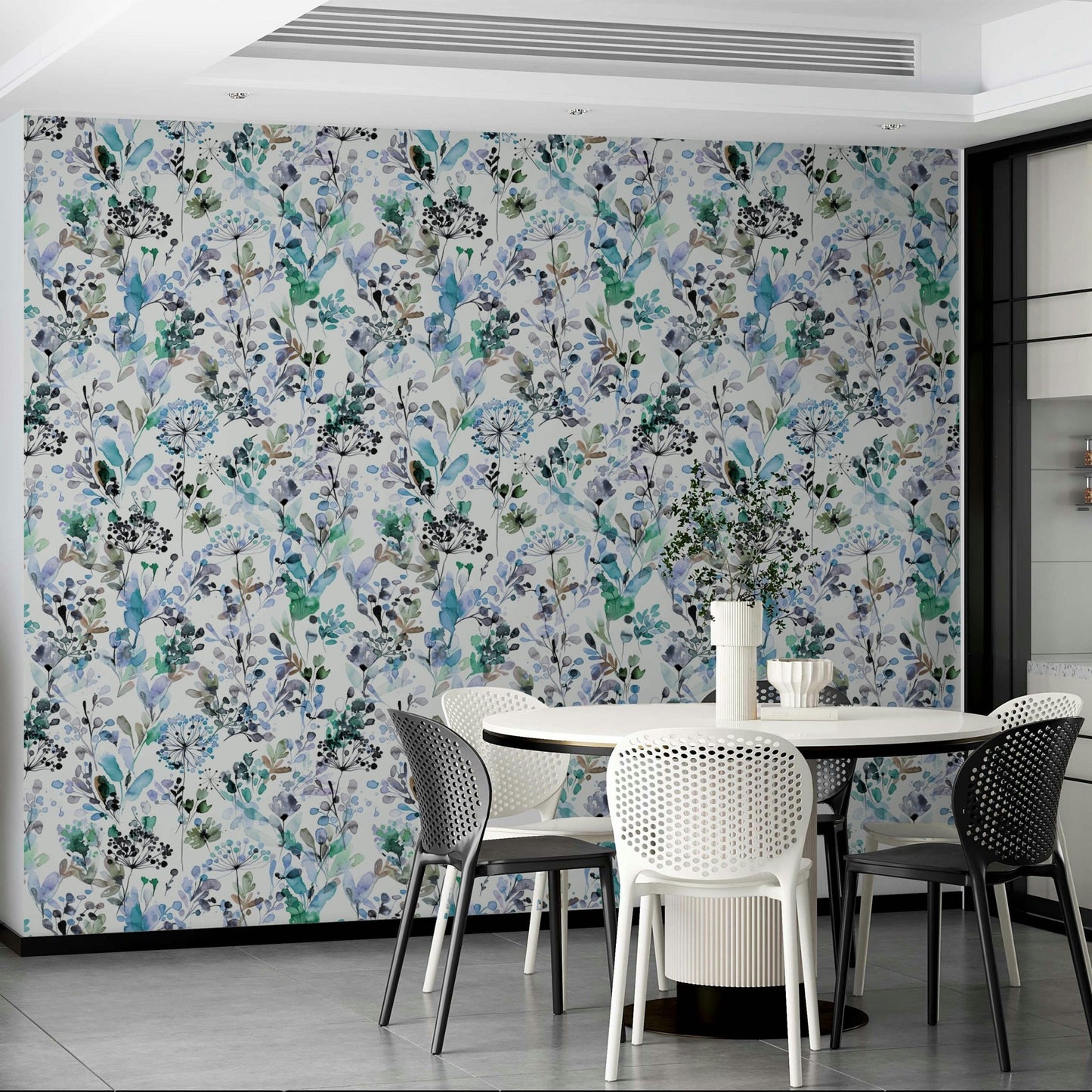 Blue wallpaper with elegant wild grass illustrations.

