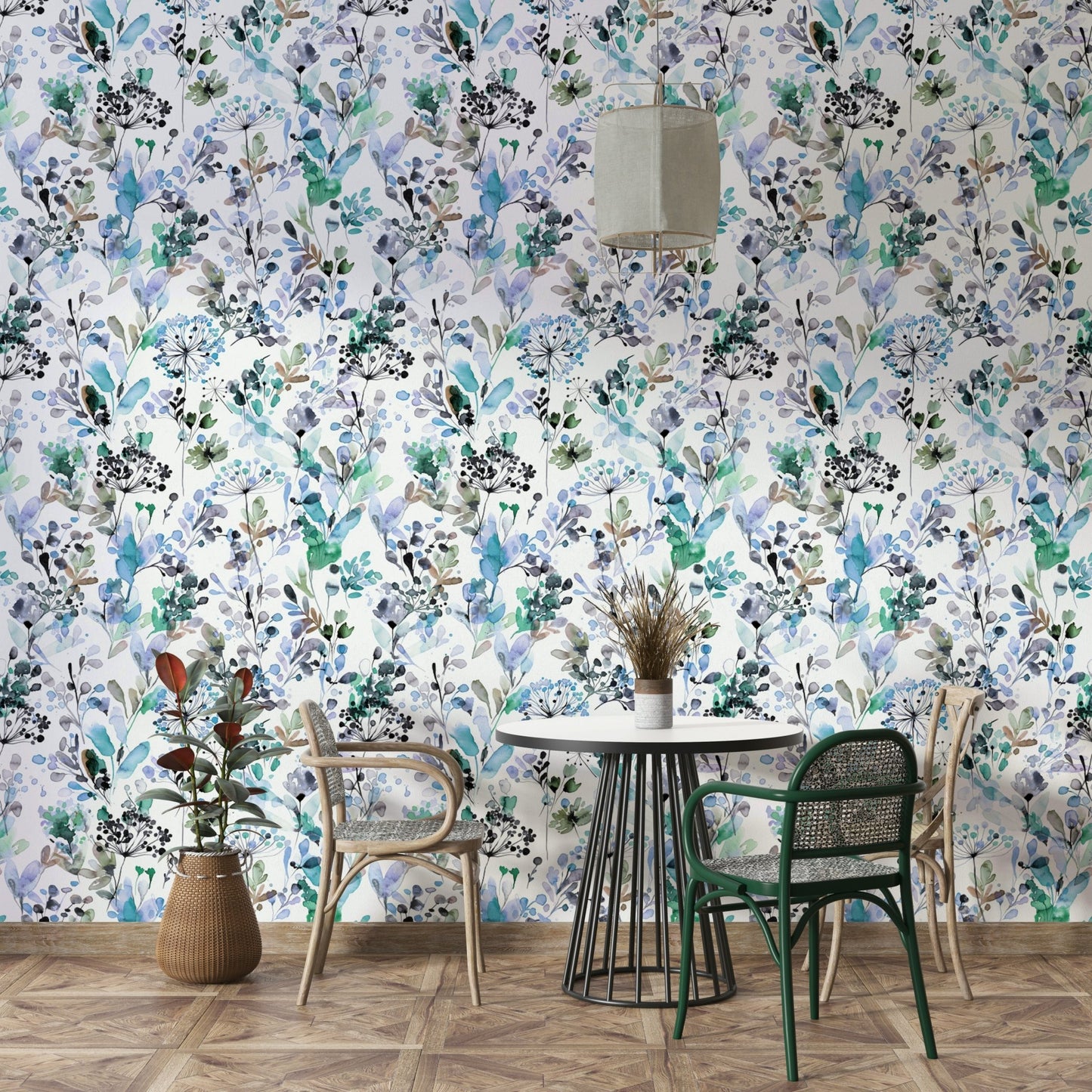 Light blue wallpaper featuring wild grass silhouettes.

