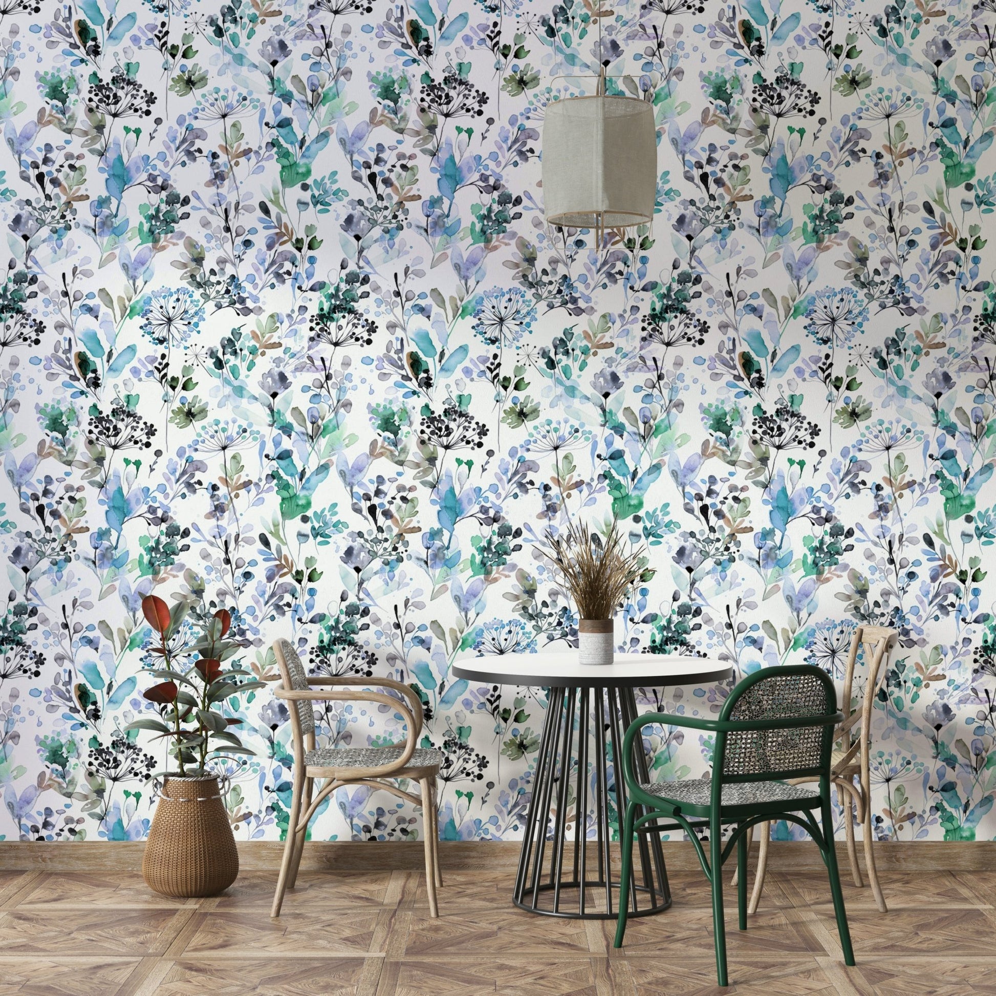 Light blue wallpaper featuring wild grass silhouettes.


