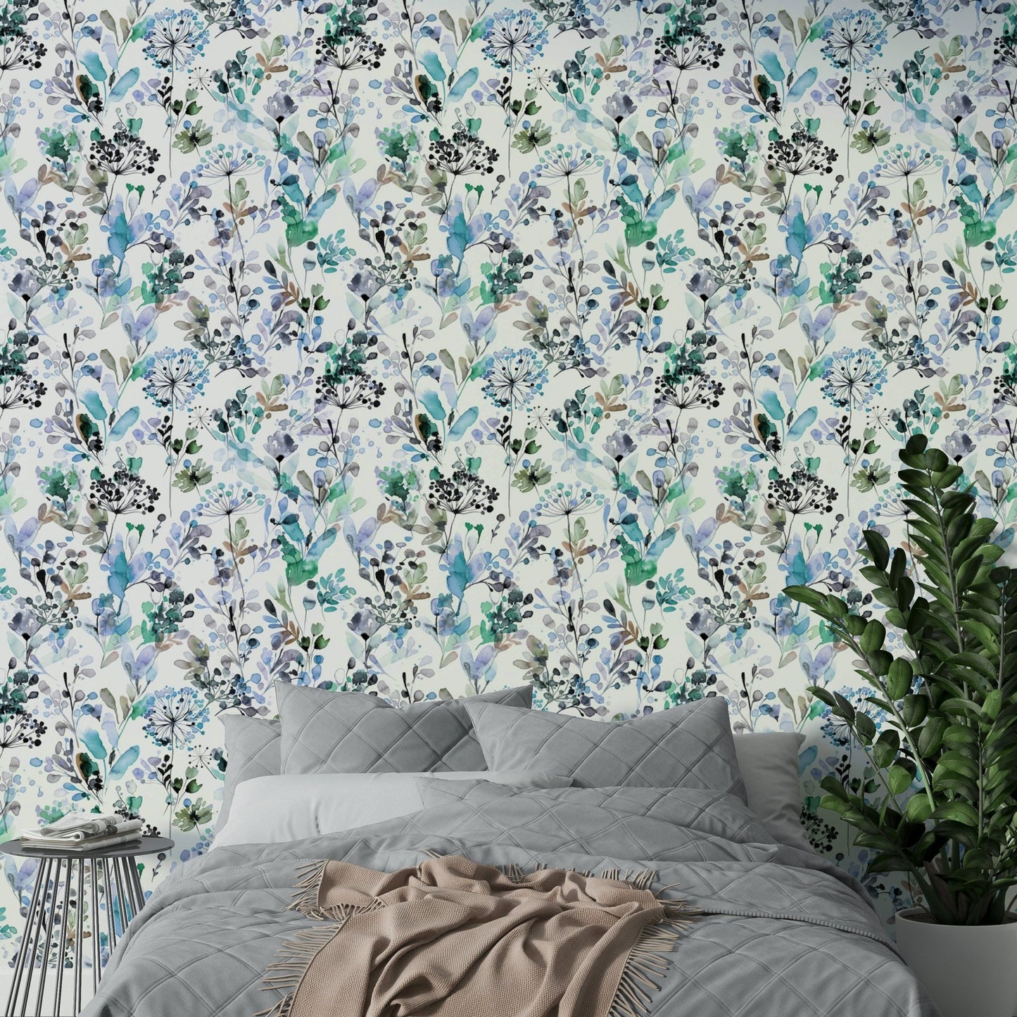 Nature-inspired wallpaper in cool blue with grass motifs.

