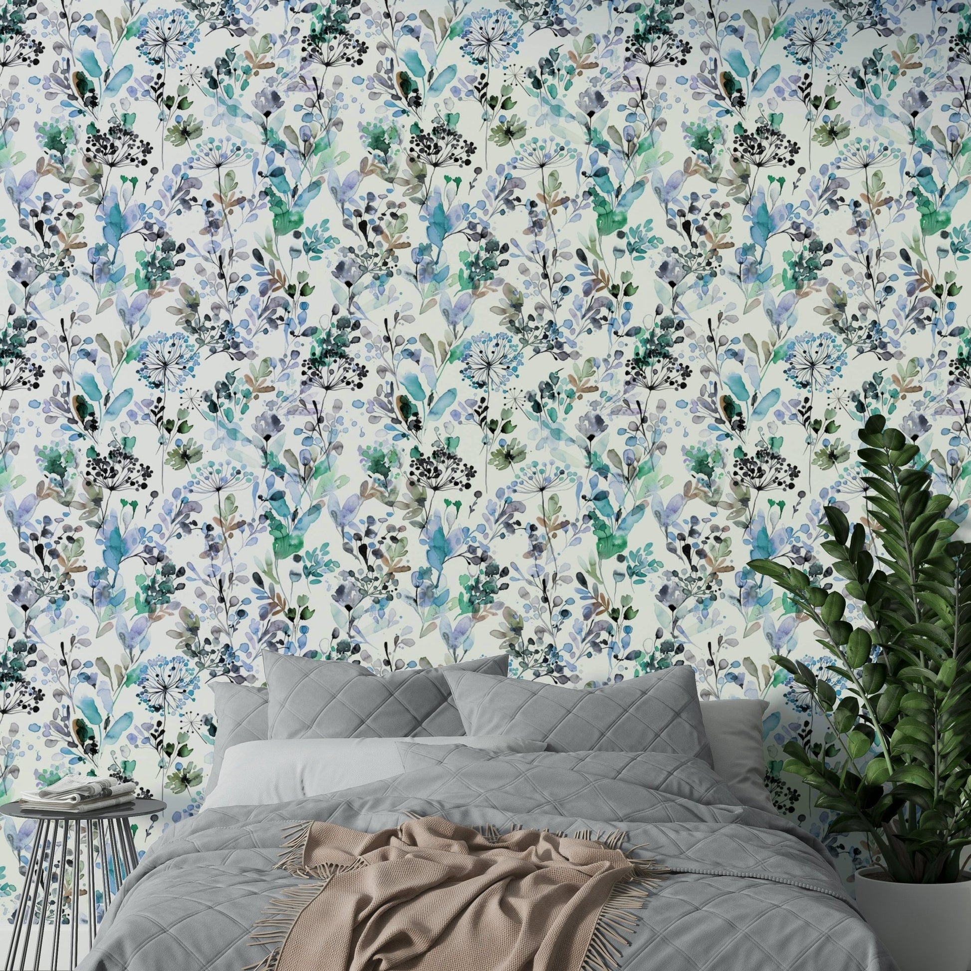 Nature-inspired wallpaper in cool blue with grass motifs.

