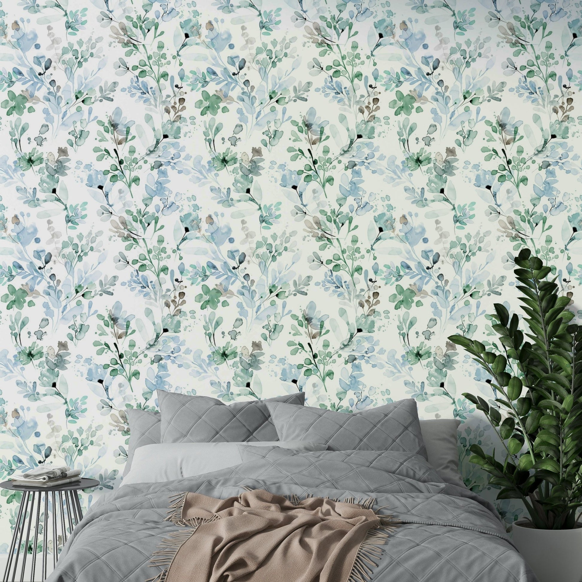 Sage green botanical wallpaper for serene interiors.

