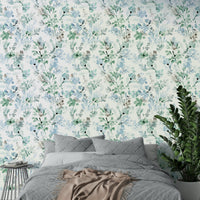 Sage green botanical wallpaper for serene interiors.

