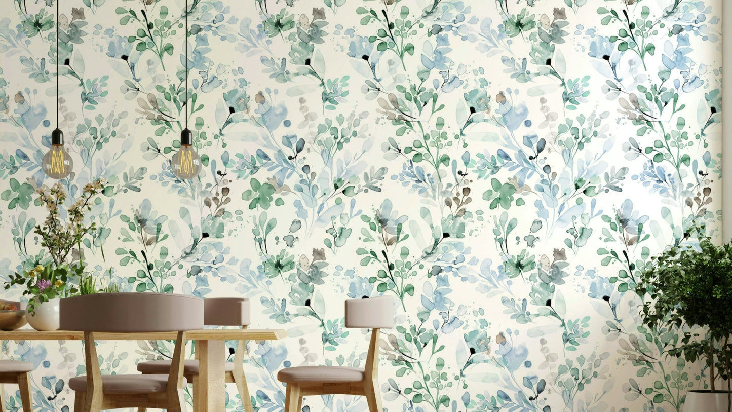 Delicate botanical wallpaper in sage and cream tones.

