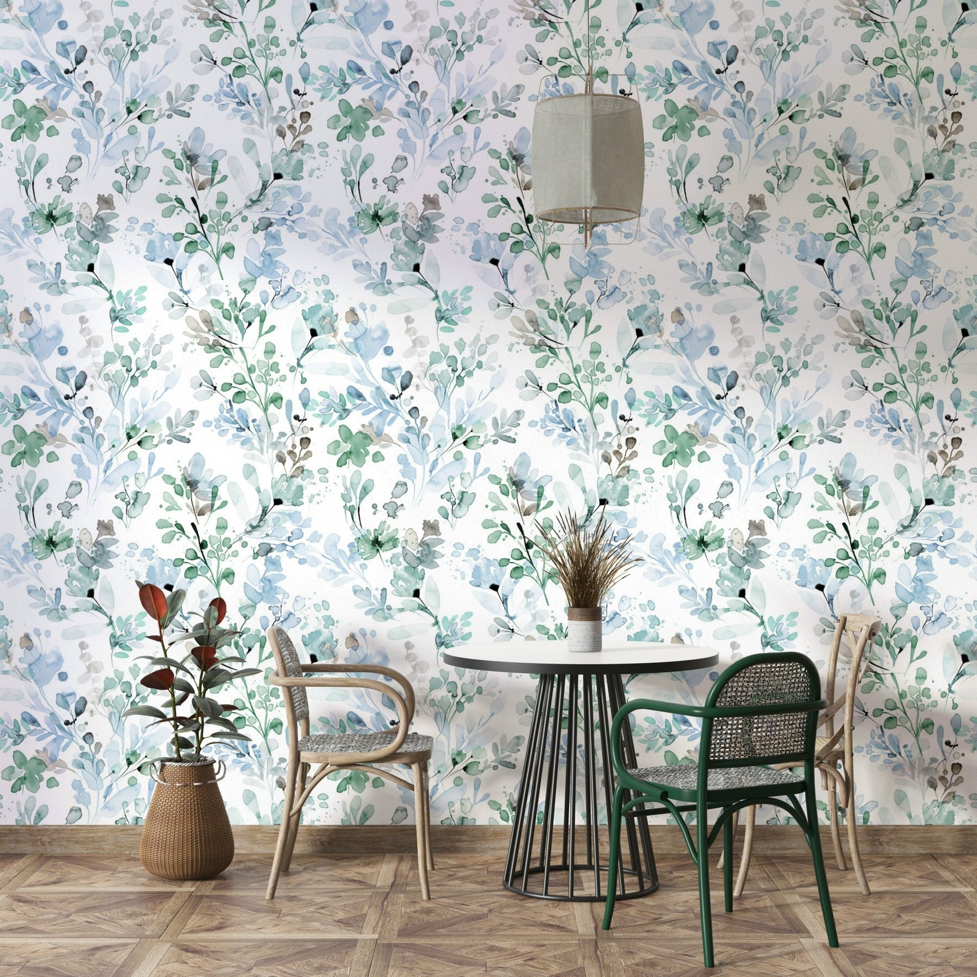 Sage green wallpaper with botanical wild grasses.

