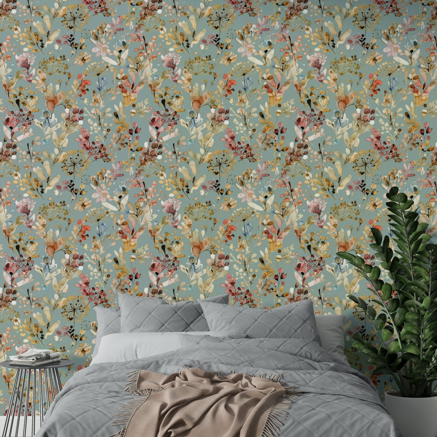 Elegant teal wallpaper featuring golden grass motifs.

