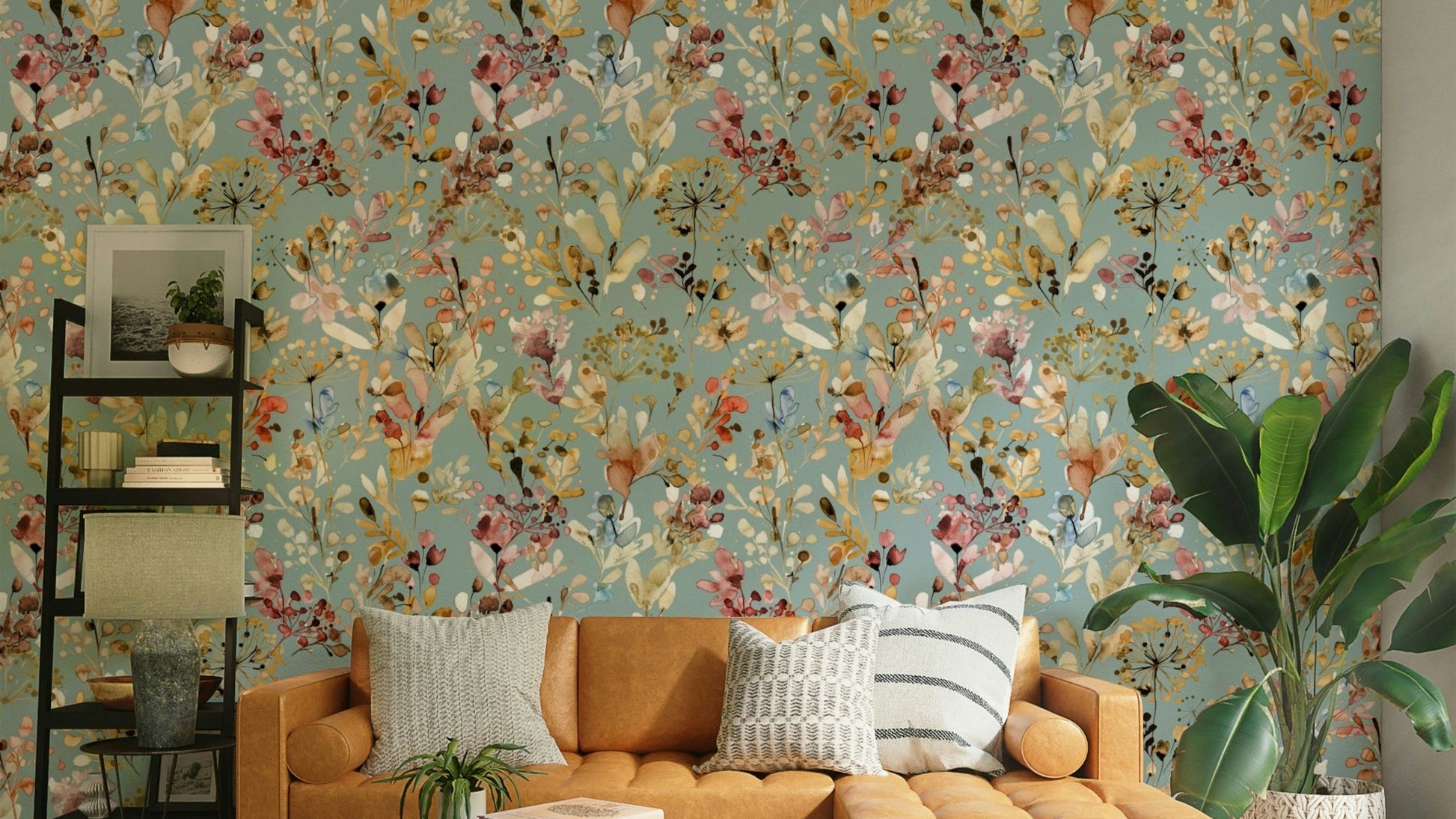 Wild grass wallpaper with vintage gold on teal base.

