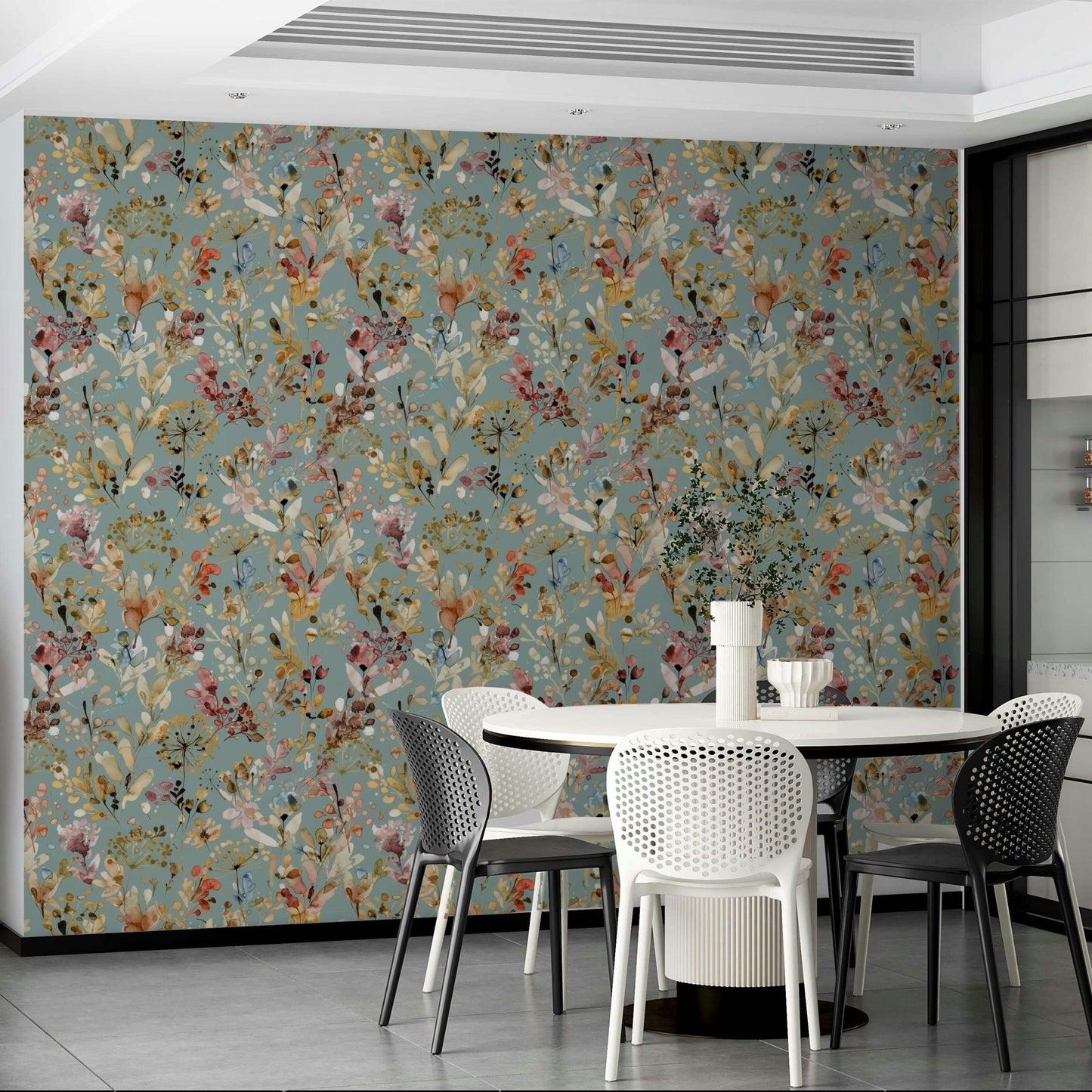 Wild meadow grass wallpaper in rich teal and gold.

