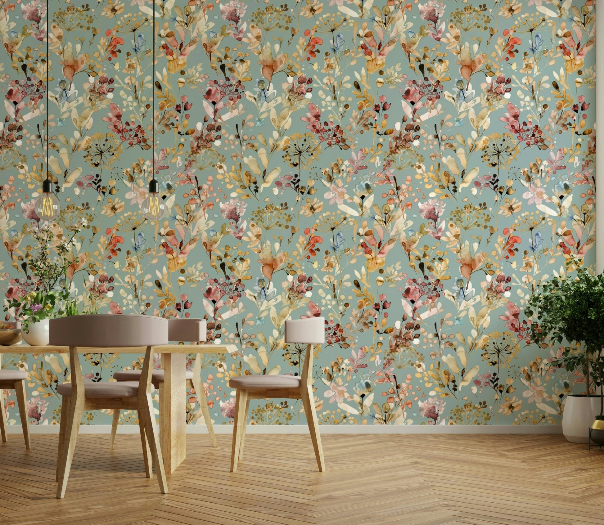 Teal and gold wallpaper with delicate wild grass print.

