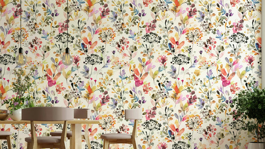Wild grass design in soft, natural tones on wallpaper.

