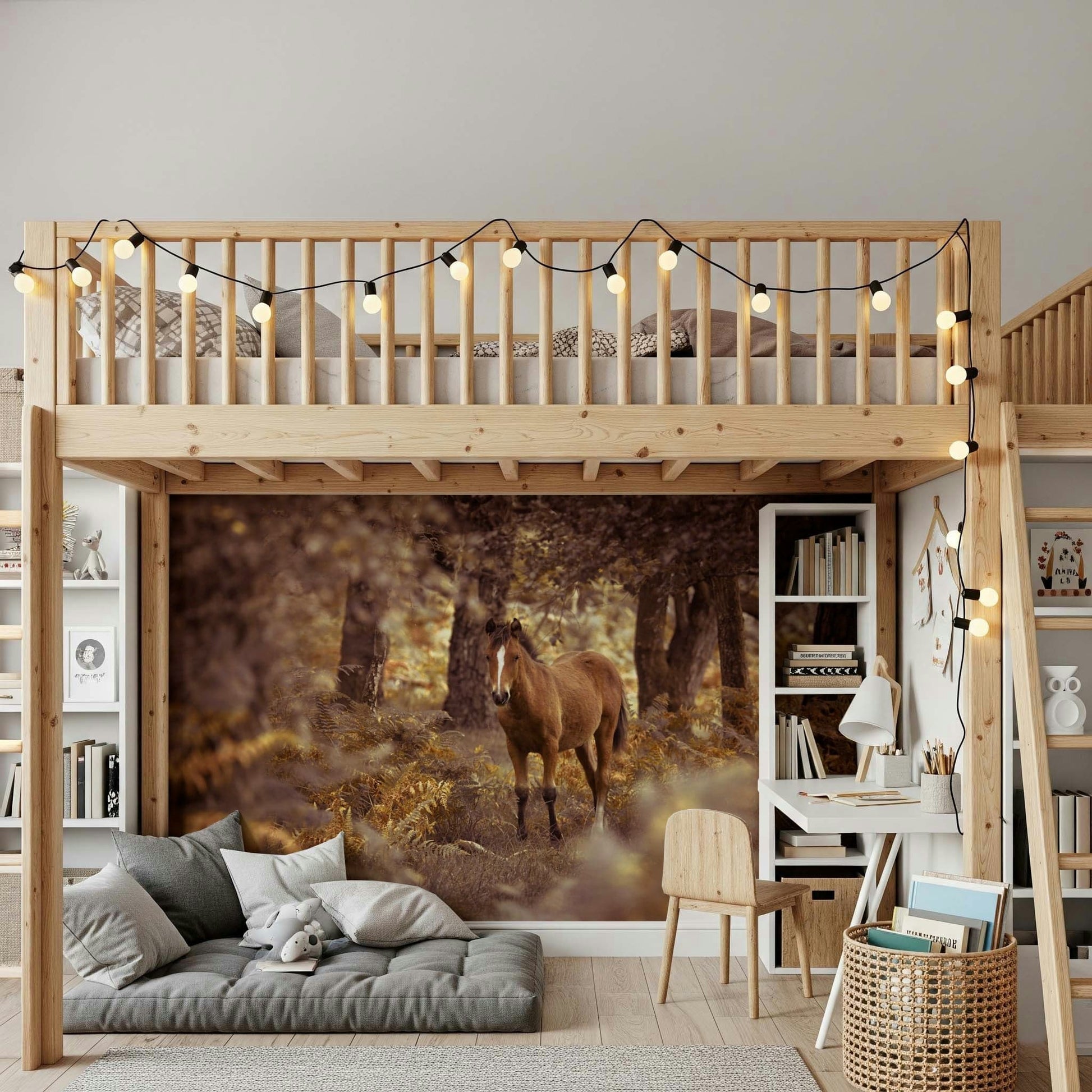 Powerful Wild Horse wall covering, breathtaking nature vista, ferns galore.