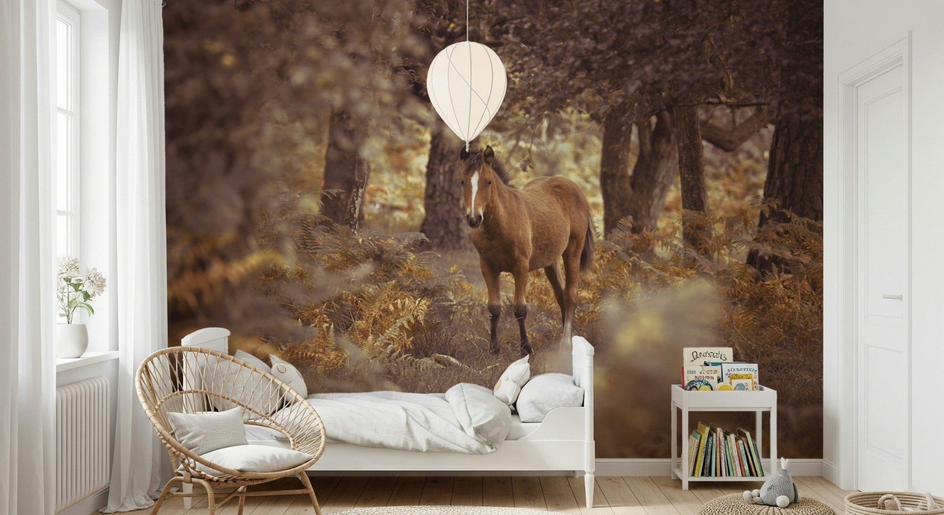Immersive Wild Horse wallpaper, tranquil forest setting, equine decor.