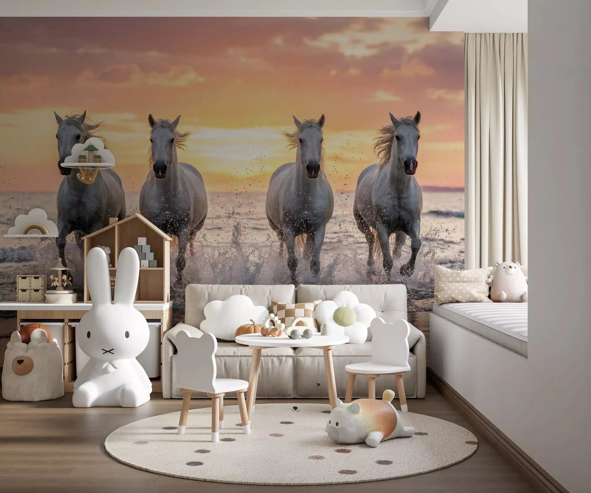 Golden light reflects on water in Wild Horses Golden Shore mural, GD9222