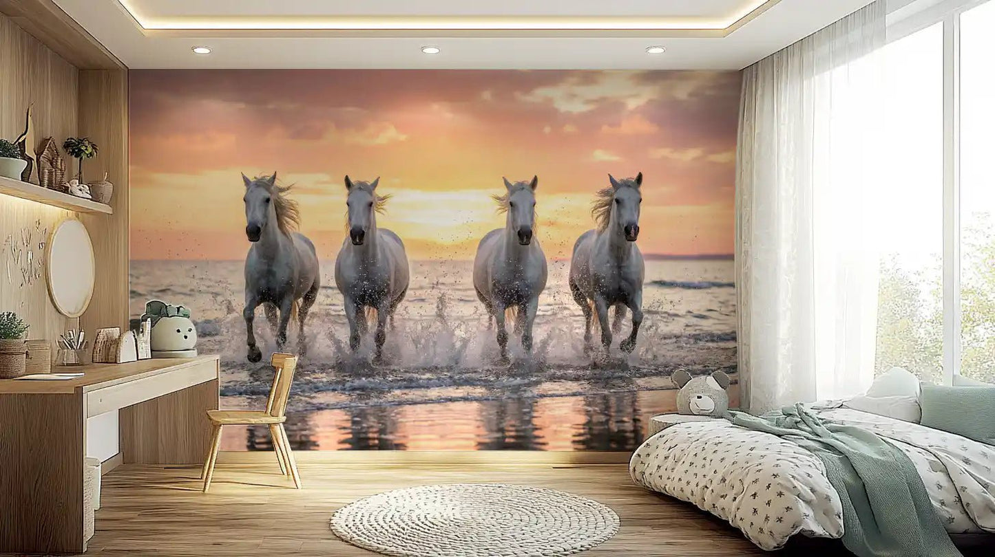 Bedroom features Wild Horses Golden Shore wall mural scene, GD9222