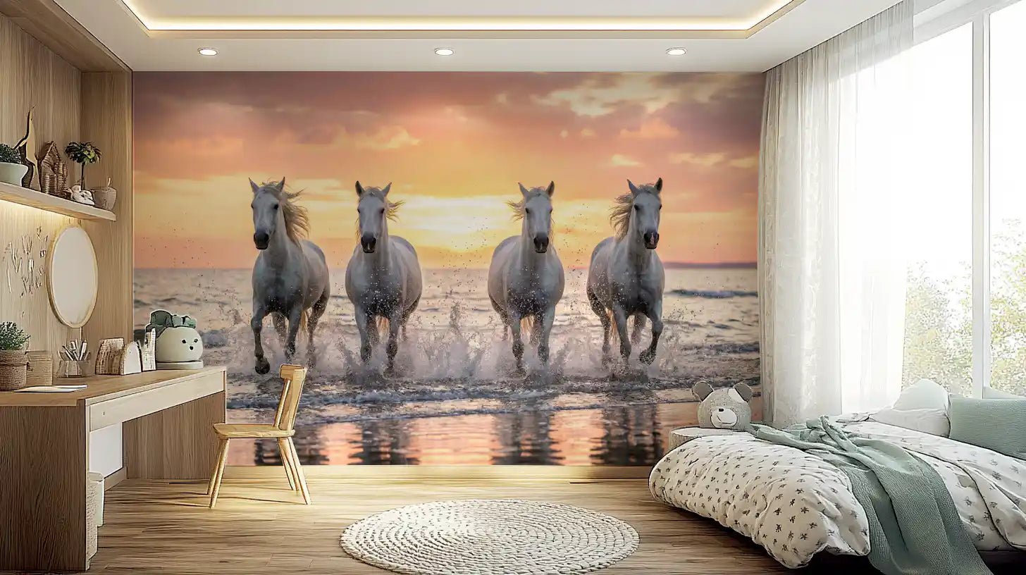 Bedroom features Wild Horses Golden Shore wall mural scene, GD9222