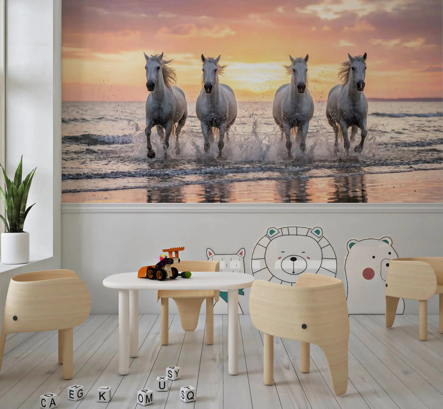Sunset sky glows behind horses in Wild Horses Golden Shore mural, GD9222