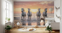Bedroom shows Wild Horses Golden Shore wall mural horses running, GD9222