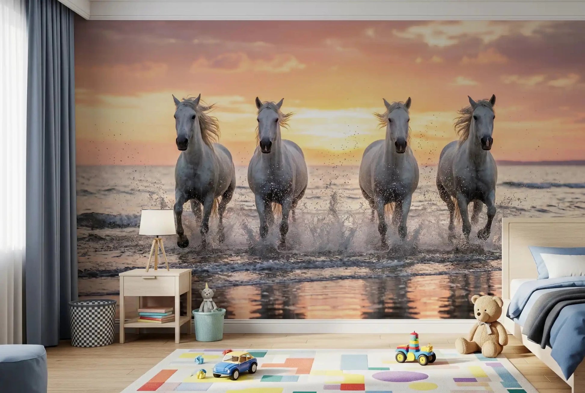 Coastal scene with running horses in Wild Horses Golden Shore mural, GD9222