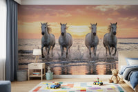 Coastal scene with running horses in Wild Horses Golden Shore mural, GD9222