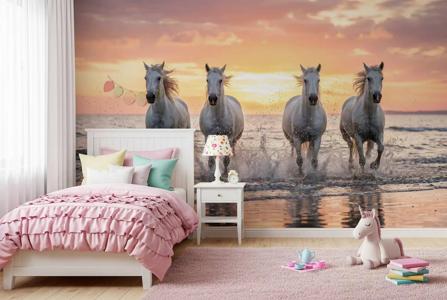 White horses run through waves in Wild Horses Golden Shore mural, GD9222