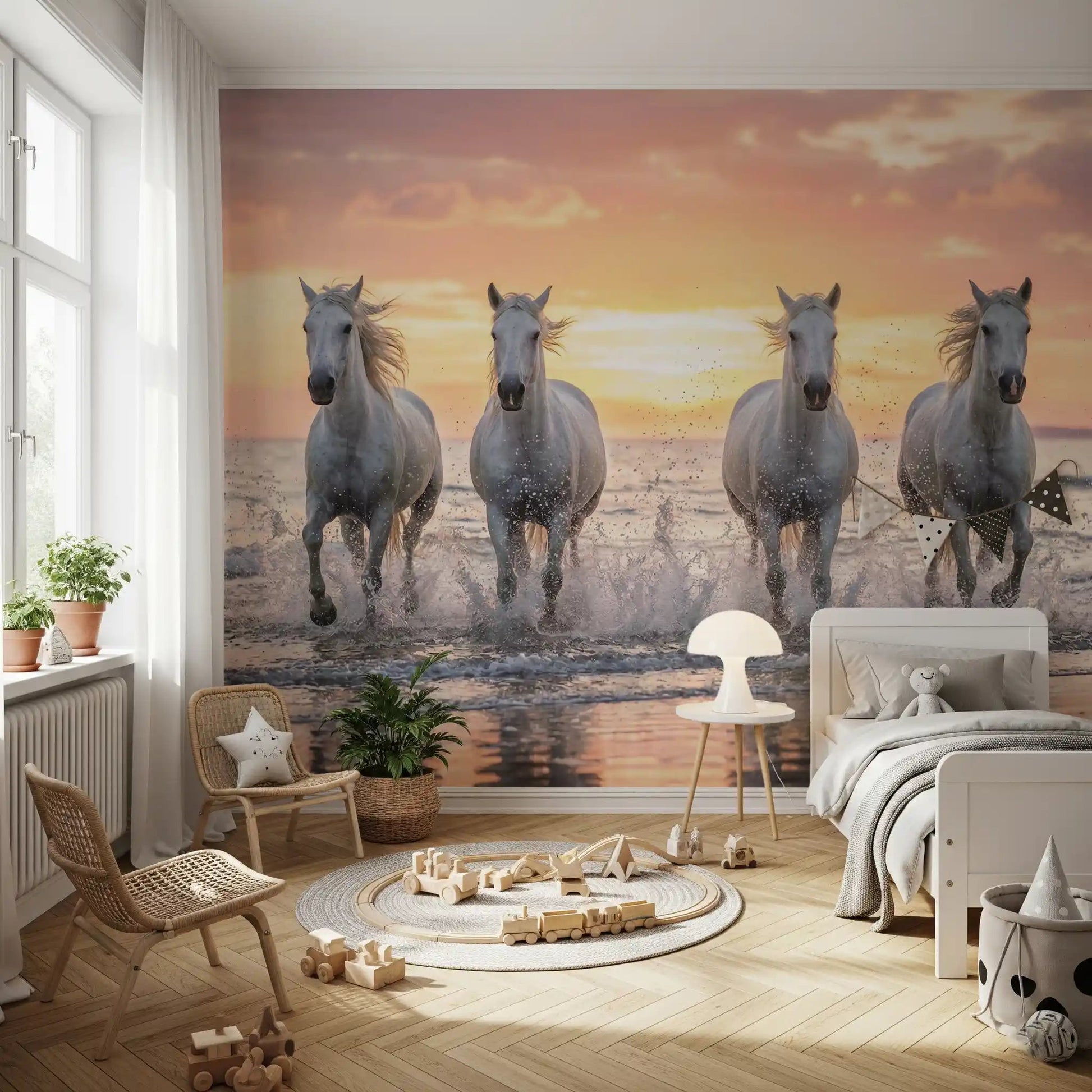 Group of horses moves across shore in Wild Horses Golden Shore mural, GD9222