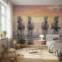 Group of horses moves across shore in Wild Horses Golden Shore mural, GD9222