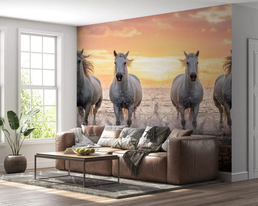Living room styled with Wild Horses Golden Shore wall mural sunset
