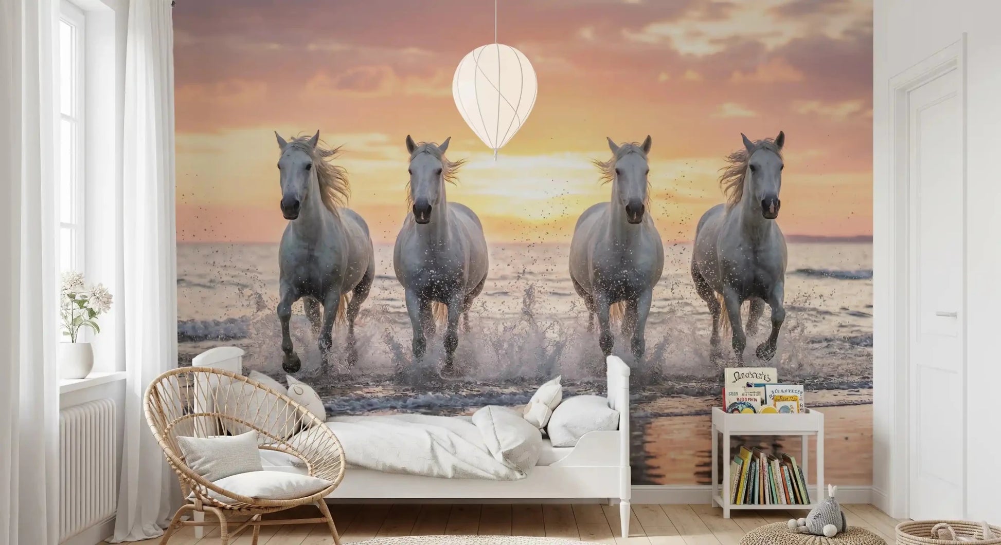 Ocean waves splash around horses in Wild Horses Golden Shore mural, GD9222
