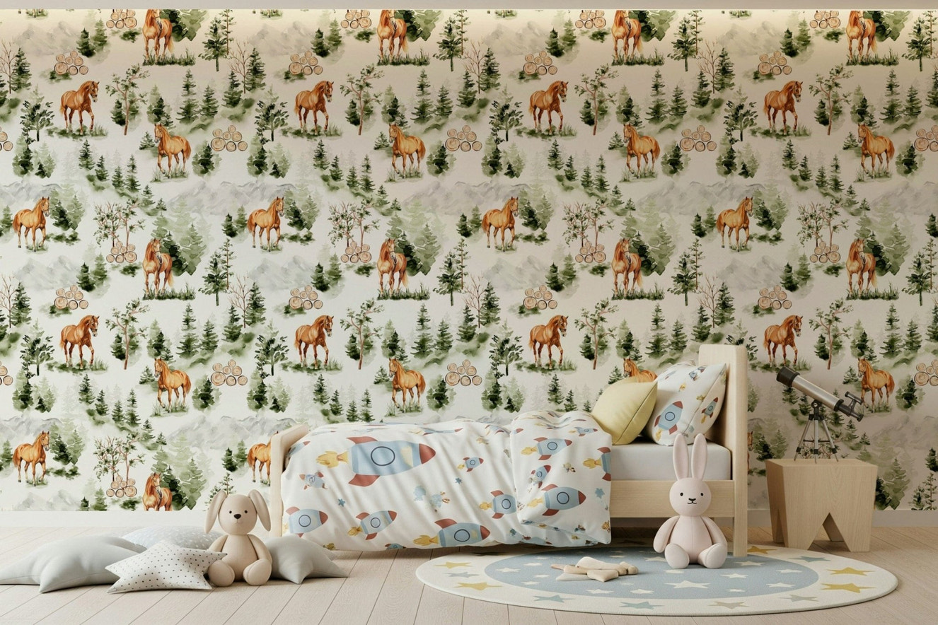 Wild Horses Vista watercolor stallion wallpaper for walls mural.