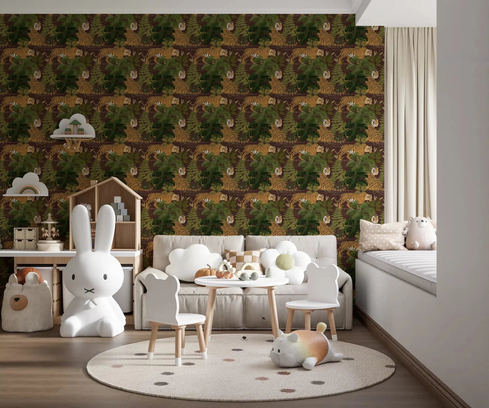 Wild Jungle Roam Tigers Tropical Monstera Wallpaper behind a cosy nursery crib, GD8949