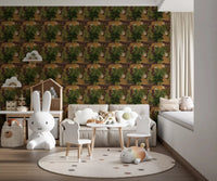Wild Jungle Roam Tigers Tropical Monstera Wallpaper behind a cosy nursery crib, GD8949