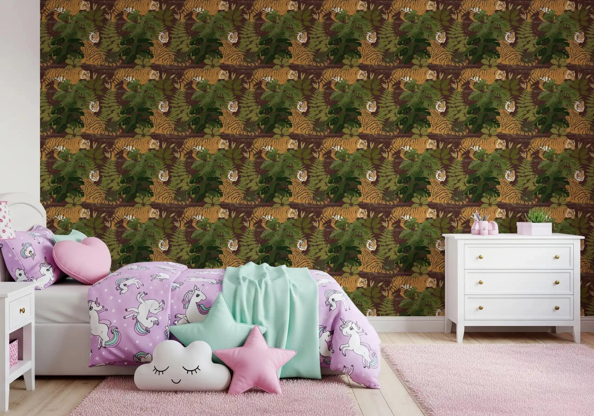 Soft pink kids room framed by Wild Jungle Roam Tigers Tropical Monstera Wallpaper, GD8949