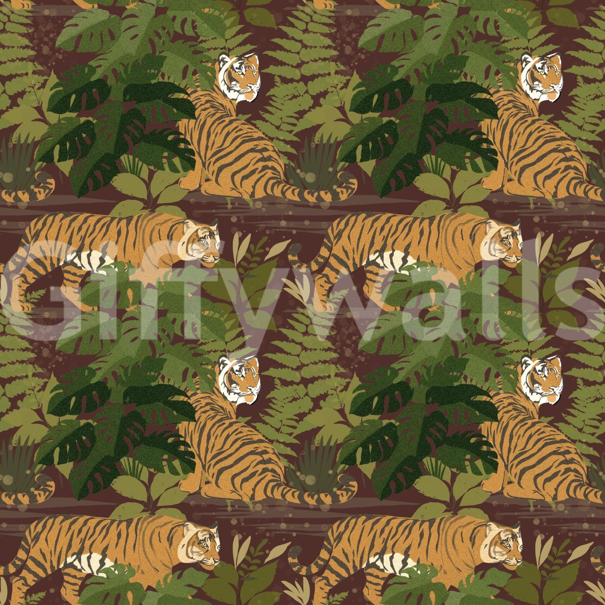 Wild Jungle Roam Tigers Tropical Monstera Wallpaper with tiger and leaf repeat, GD8949
