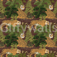 Wild Jungle Roam Tigers Tropical Monstera Wallpaper with tiger and leaf repeat, GD8949