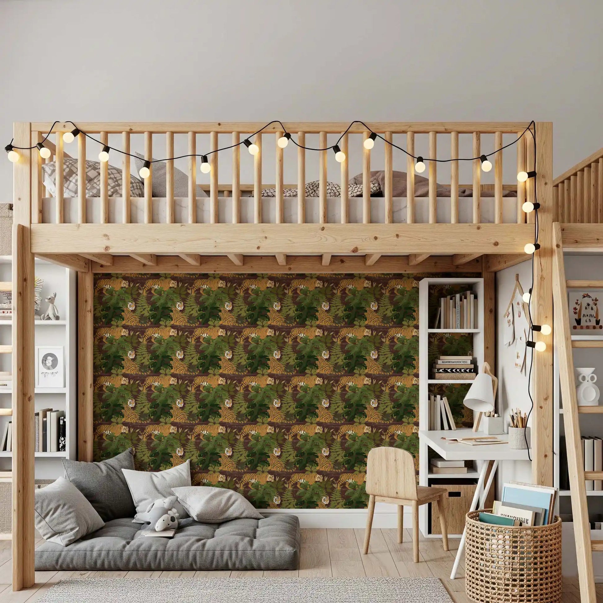 Attic bedroom styled in Wild Jungle Roam Tigers Tropical Monstera Wallpaper, GD8949