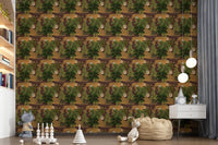Wild Jungle Roam Tigers Tropical Monstera Wallpaper in a playful kids room corner, GD8949