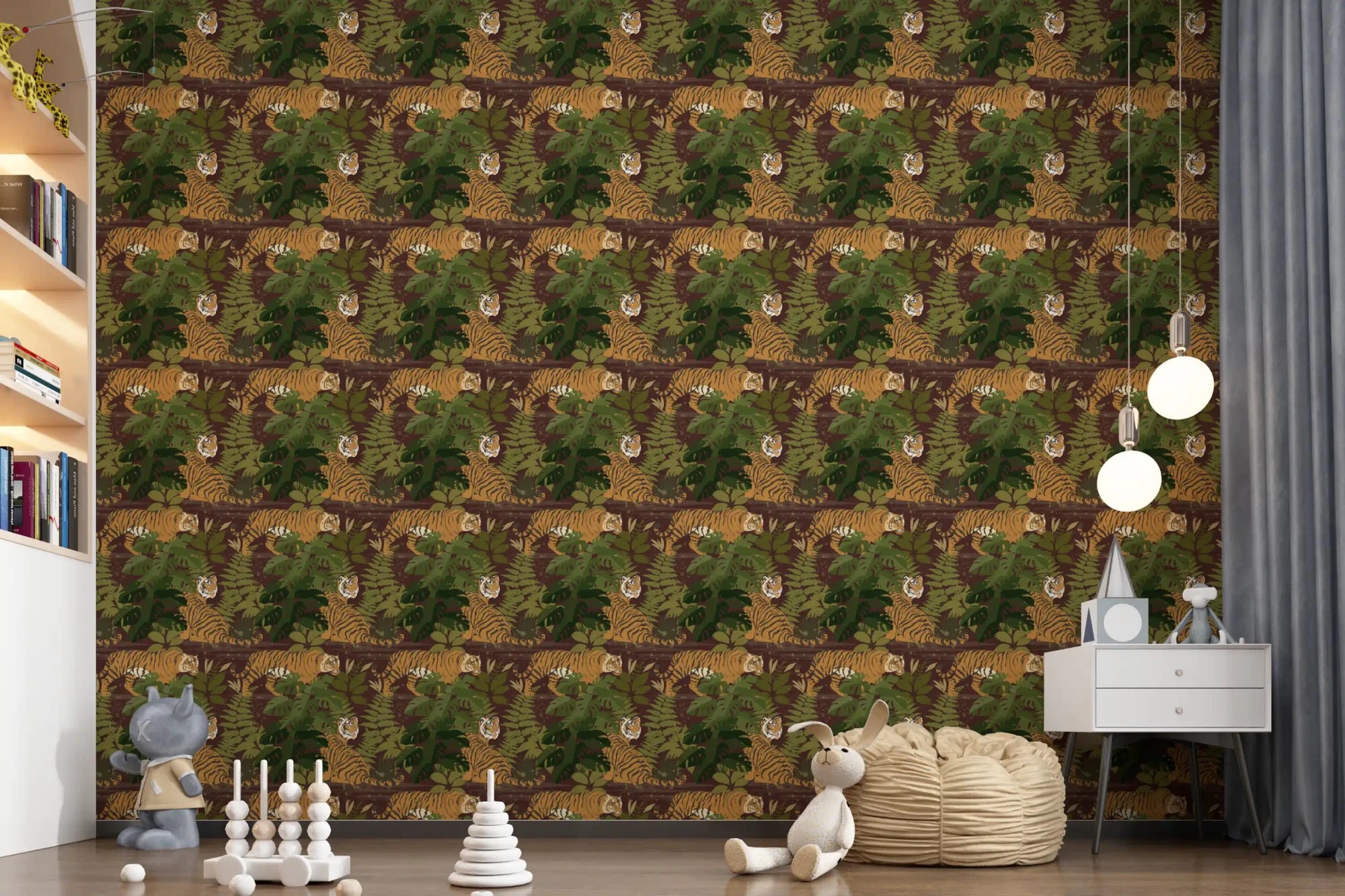 Wild Jungle Roam Tigers Tropical Monstera Wallpaper in a playful kids room corner, GD8949